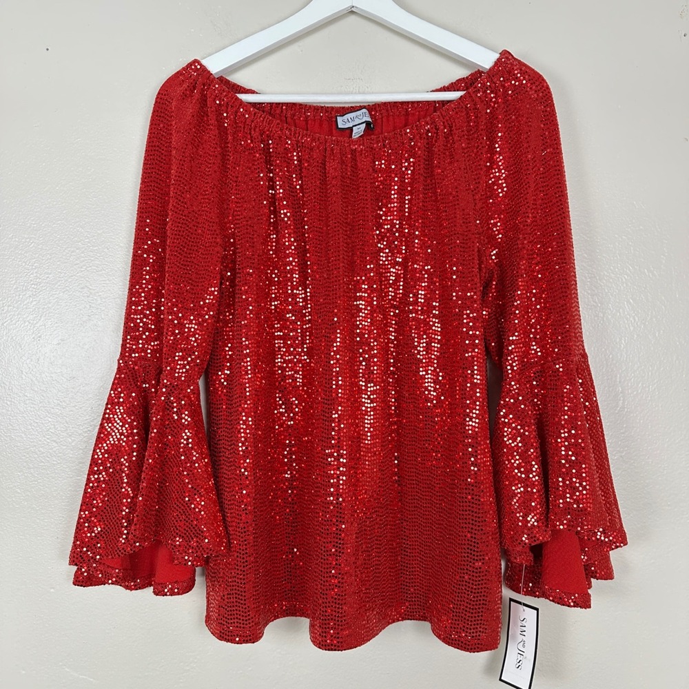 Sam and Jess Women's M Knit Top Red Sequin Off-Shoulder Bell Sleeve TA93861161AN